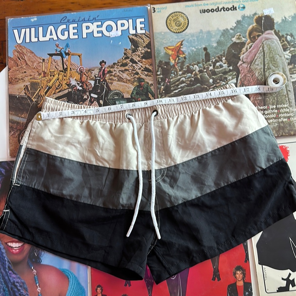 Aussiebum men khaki to black color block, swim trunks with liner and drawstring